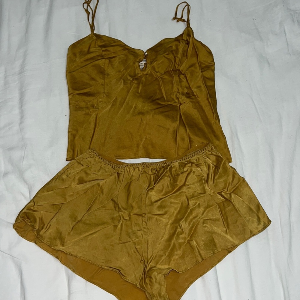 Victorias Secret 100% silk gold with rhinestone tank and short set